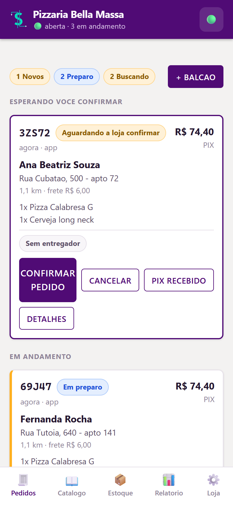Tela do aplicativo da loja: fila de pedidos aguardando confirmação